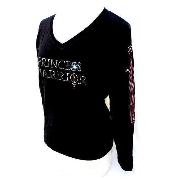 Womens Size Princess Warrior Crystal Bling Long V-Neck Sleeve Top Pink Sword - Picture 1 of 9